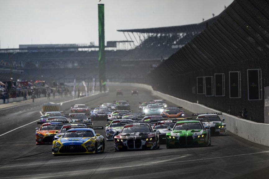 #777 BMW M4 GT3 EVO of Al Faisal Al Zubair / Augusto Farfus / Raffaele Marciello, Team WRT, Indy 8H, IGTC, Pro, SRO America, Indianapolis Motor Speedway, Indianapolis, IN, Oct 16&ndash;19, 2025 #80 Mercedes-AMG GT3 EVO of Lin Hodenius / Maxime Martin / Jules Go